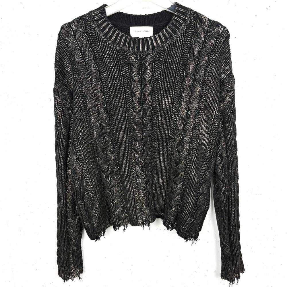 Anthropologie Dear John Kris Sweater Crewneck Distressed Hem Gunmetal Black XS